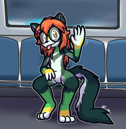 3_toes anthro black_nose eyewear eyewear_only feet female flat_chested fur genitals gesture glasses glasses_only green_body green_fur green_inner_ear hair hand_on_leg hand_on_thigh looking_at_viewer nipples nude orange_hair pink_bow pink_hair_bow pink_hairbow pink_nipples public public_nudity sitting smile smirk solo subway toeless_(marking) toes tongue tongue_out vulva waving wearing_glasses white_body white_fur yellow_body yellow_fur young young_anthro young_female ultilix evie_(lilifu) unknown_species 2026