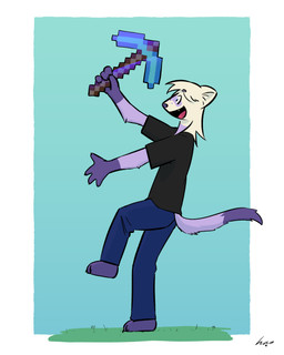 anthro biped black_clothing black_shirt black_topwear blue_bottomwear blue_clothing blue_pants bottomwear clothing denim denim_bottomwear denim_clothing diamond_pickaxe freckled_face freckles fur grass hair happy holding_object jeans male multicolored_body multicolored_fur open_mouth outside pants pickaxe plant purple_body purple_fur raised_arm raised_leg raised_tail shirt short_sleeves side_view simple_background sky smile solo standing tail tan_body tan_fur topwear white_body white_fur borealhao lamapola microsoft minecraft mojang xbox_game_studios vinea_(lamapola) domestic_ferret mammal mustelid musteline true_musteline weasel 4:5 absurd_res hi_res signature