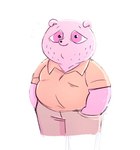 anthro bottomwear clothing male mature_male overweight overweight_male pants pink_body pink_eyes shirt simple_background solo topwear white_background vodkaslyme unicorn_wars gordi_(unicorn_wars) bear mammal 2024