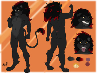 anthro black_hair dark dark_body dark_fur fur grey_body grey_fur hair long_hair male orange_background red_accents red_hair simple_background solo yellow_eyes jakesart felid feline lion mammal pantherine 4:3 hi_res model_sheet