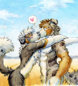 anthro beach black_body black_fur blue_sky blush brown_body brown_fur brown_hair cloud duo eyes_closed floppy_ears fur grey_body grey_fur hair heart_symbol kissing male male/male markings mouth_closed nude outside seaside short_hair side_view sky speech_bubble spots spotted_arms spotted_body spotted_fur standing white_body white_fur white_hair akatan_art briarcollie heybayle australian_shepherd border_collie canid canine canis collie domestic_dog herding_dog mammal pastoral_dog sheepdog 2023 dated hi_res signature traditional_media_(artwork)