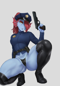 belt black_clothing black_panties black_underwear blue_body blue_skin boots breasts camel_toe clothing crouching eyebrows eyelashes female footwear frill_(anatomy) glistening gun hair handgun high_heeled_boots high_heels legwear muscular panties pistol police police_hat police_uniform ponytail ranged_weapon red_hair shirt shoes solo spread_legs spreading thick_thighs thigh_boots thigh_highs topwear underwear uniform utility_belt weapon meruzis undertale_(series) undyne animal_humanoid fish fish_humanoid humanoid marine marine_humanoid 2025 absurd_res hi_res