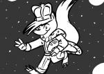 anthro barefoot biped cape claws clothed clothing crown feet headgear male running smile solo space star what inkyfrog disney zootopia fan_character hugh_muskroura mammal mephitid skunk 2016 black_and_white monochrome