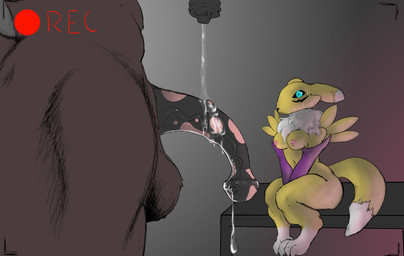 animal_genitalia animal_penis anthro armwear balls bodily_fluids breasts brown_body clothing duo equine_genitalia equine_penis female flared_penis fluffy fluffy_chest fur genital_fluids genitals leaking_precum looking_at_genitalia lube lube_bottle male nervous nervous_sweat nipples paws penis pornography precum recording simple_background sitting spots standing sweat tail yellow_body niannn bandai_namco digimon canid digimon_(species) equid equine felid feline mammal renamon absurd_res hi_res story story_in_description