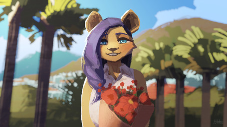 anthro biped clothed clothed_anthro clothed_female clothing cloud day female flower font fur hair long_hair looking_at_viewer mountain outside plant sky smile solo teeth tree el-k felid feline mammal 16:9 2026 digital_drawing_(artwork) digital_media_(artwork) hi_res widescreen