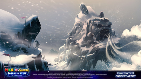 ambiguous_anthro ambiguous_gender anthro black_body black_fur bridge cave cloud cloudy_sky copyright_symbol featureless_legs fur ladder light long_ears mountain nude_ambiguous nude_anthro outside rope rope_bridge sky snow snowing snowstorm solo standing symbol text wind year claudia_tuci mario_plus_rabbids_sparks_of_hope nintendo raving_rabbids rayman_(series) ubisoft lagomorph mammal rabbid 16:9 2022 4k absurd_res artist_name colored concept_art digital_drawing_(artwork) digital_media_(artwork) english_description english_text hi_res lighting official_art shaded widescreen