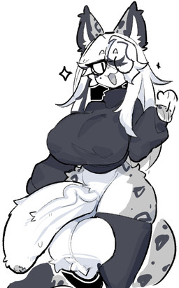 anthro balls bangs big_balls big_breasts big_penis black_clothing black_legwear black_stockings black_sweater black_topwear bottomless bottomless_gynomorph bottomless_intersex breasts clothed clothing eyewear genitals glasses gynomorph hair half-erect huge_balls huge_breasts huge_penis hyper hyper_balls hyper_genitalia hyper_penis intersex legwear long_hair looking_at_viewer nipple_outline one_eye_closed open_mouth open_smile penis simple_background small_waist smile solo stockings sweater topwear vein veiny_penis wearing_glasses white_background shiyaa_stuff felid mammal pantherine snow_leopard colored colored_sketch digital_drawing_(artwork) digital_media_(artwork) sketch