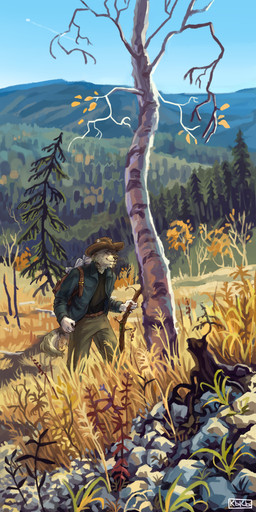 anthro backpack belt cheek_tuft clothing cowboy cowboy_hat detailed_background evergreen_tree facial_tuft fluffy fluffy_tail freckles fur grass_field hat headgear headwear hiking jacket male mountain pine_tree plant sky solo tail tan_body tan_fur topwear tree tree_stump tuft walking kisris dakota_asbury canid canine canis coyote mammal 1:2 absurd_res digital_media_(artwork) hi_res painting_(artwork)