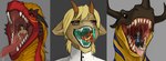 ambiguous_form anthro black_horn blonde_hair brown_eyes brown_horn duo fur glistening glistening_eyes grey_background hair horn in_mouth male narrowed_eyes oral_vore red_body red_eyes scales sharp_teeth simple_background solo tan_body tan_fur teeth vore yellow_body yellow_eyes yellow_scales acidic mythology canid canine dragon felid furred_dragon furred_scalie human mammal mythological_creature mythological_scalie scalie multiple_images