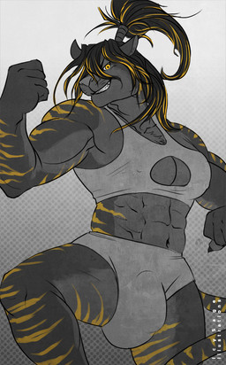 abs accessory anthro biceps big_bulge black_hair blonde_hair bottomwear bra breasts bulge clothed clothing flexing front_view fur grey_body grey_bottomwear grey_bra grey_clothing grey_fur grey_nose grey_tail grey_topwear grey_underwear grin gynomorph hair hair_accessory hairband halftone_background intersex long_hair looking_at_viewer markings melanistic multicolored_body multicolored_fur multicolored_hair multicolored_tail muscular muscular_anthro muscular_gynomorph muscular_intersex navel nipple_outline pattern_background ponytail simple_background smile solo standing striped_body striped_fur striped_markings striped_tail stripes tail tail_markings teeth topwear two_tone_hair two_tone_tail underwear yellow_body yellow_eyes yellow_fur yellow_stripes yellow_tail icysage savant_(kintarius) felid mammal pantherine tiger 2016 digital_media_(artwork) grey_theme halftone portrait signature three-quarter_portrait