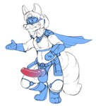 anthro black_and_white_and_blue cape clothed clothing erection genitals hair male penis simple_background solo superhero tail white_background kitsune_youkai condom_crusader kit_(kitsune_youkai) canid canine fox mammal 2023