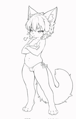 anthro belly bow_ribbon bra breasts claws clothing crossed_arms eyebrow_through_hair eyebrows eyelashes female fur genitals hair half-closed_eyes inner_ear_fluff narrowed_eyes navel panties paws simple_background small_breasts solo tail translucent translucent_hair tuft underwear vulva young young_anthro young_female unokoneko uno_(unokoneko) domestic_cat felid feline felis mammal 2026 hi_res monochrome