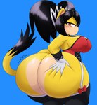 anthro auburn_eyes big_breasts big_butt black_clothing black_hair black_legwear black_stockings black_tail_tip blue_background blush blush_lines bow_ribbon breasts butt butt_focus butt_grab clothing dipstick_tail female first_person_view fur hair hand_on_butt huge_breasts huge_butt hyper hyper_butt legwear looking_at_viewer looking_back markings motion_lines nipple_outline orange_eyes red_bow simple_background smile smirk solo stockings tail tail_markings thick_thighs wide_hips yellow_body yellow_fur yellow_tail mechspazer sega sonic_the_fighters sonic_the_hedgehog_(series) honey_the_cat domestic_cat felid feline felis mammal 2024 absurd_res hi_res