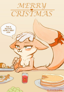 accessory anthro areola beverage bow_ribbon breasts container cup cutlery dialogue disembodied_hand female food fur furgonomics glass glass_container half-closed_eyes headpat holding_fork holding_object holidays kitchen_utensils narrowed_eyes nipples plate ribbons simple_background solo speech_bubble tail tail_accessory tail_bow tail_ribbon text tools dekojjma christmas canid canine fennec_fox fox mammal true_fox digital_media_(artwork) english_text