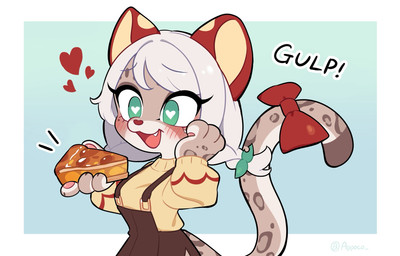 accessory anthro apron black_claws black_text bow_ribbon braided_hair brown_apron brown_clothing chibi claws clothing exclamation_point eyelashes female food furgonomics green_eyes hair hair_accessory hair_tie heart_eyes heart_symbol holding_food holding_object leopard_spots long_eyelashes long_hair long_tail open_mouth open_smile pawpads pie_(food) pink_pawpads plant red_bow red_ears red_heart ribbons simple_background smile solo spots tail tail_accessory tail_bow tail_ribbon tan_inner_ear text thin_eyebrows topwear white_hair yellow_clothing yellow_topwear appoco pomchet_(appoco) felid mammal pantherine snow_leopard 2026 digital_drawing_(artwork) digital_media_(artwork) english_text hi_res