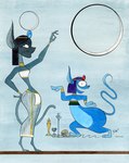 anthro blue_background blue_body clothing duo egyptian egyptian_clothing female hair moon purple_hair simple_background kmorrisoncartoon_(artist) mythology felid mammal mythological_creature mythological_sphinx 2013
