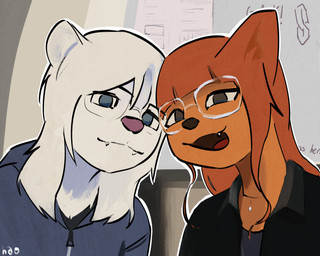 black_clothing black_nose black_shirt black_topwear blue_eyes clothing collared_shirt duo eyewear female fur glasses jewelry looking_at_viewer male mouth_closed necklace open_mouth orange_body orange_fur pink_nose shirt smile sweater text topwear wearing_glasses white_body white_fur borealhao lamapola brooke_(lamapola) toby_(lamapola) domestic_cat felid feline felis mammal pantherine tiger 5:4 artist_name dated digital_media_(artwork) hi_res portrait
