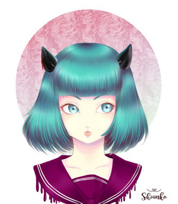 2_horns bangs black_horn blue_eyebrows blue_eyes blue_hair clothed clothed_female clothed_humanoid clothing eyebrows eyelashes eyelashes_through_hair female female_humanoid front_view hair horn lidded_eyes light lips medium_hair mouth_closed not_furry pale_skin purple_clothing purple_topwear short_horn simple_background small_horn solo tan_body tan_lips tan_skin text topwear translucent translucent_hair white_background white_sclera shianko demon demon_humanoid horned_humanoid humanoid 2017 artist_name bust_portrait colored digital_drawing_(artwork) digital_media_(artwork) english_description hi_res lighting portrait shaded