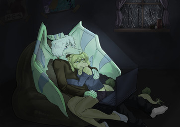 5_fingers ahoge anthro bean_bag beverage_can big_wings blue_clothing blue_eyes blue_shirt blue_topwear bottomwear bra_strap clothed clothing computer cuddling duo electronics eyelashes female fingers footwear glistening glistening_arms glistening_body glistening_legs glistening_scales glistening_thighs green_body green_eyes green_hair green_scales grey_body grey_hair grey_scales hair head_crest inside laptop long_sleeve_shirt long_snout long_tail male male/female medium_hair off_shoulder raining scales shirt shorts snout socks spiked_tail spikes spikes_(anatomy) tail topwear twintails_(hairstyle) white_clothing white_footwear white_socks window wings sakamtosng cavemanon_studios snoot_game cynthia_(snoot_game) green_(snoot_game) dinosaur ornithischian prehistoric_species pterodactylus pterosaur reptile scalie stegosaurian stegosaurus thyreophoran 2026 absurd_res digital_drawing_(artwork) digital_media_(artwork) hi_res