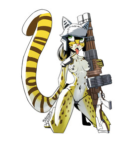 anthro armor black_clothing black_panties black_underwear breasts brown_body brown_fur clothing eyeliner female female_anthro finger_on_tongue fingerless_gloves fur furgonomic_headwear furgonomics gloves green_eyes gun handwear headgear helmet holding_gun holding_object holding_ranged_weapon holding_rifle holding_weapon kneeling long_tail makeup markings medium_breasts multicolored_body multicolored_fur navel nipple_tape panties pasties ranged_weapon rifle simple_background solo spots spotted_body spotted_fur tail tape thick_thighs tongue tongue_out underwear weapon white_background white_body white_fur wide_hips yellow_body yellow_fur gatonejo felid feline leopardus mammal ocelot 2025 absurd_res hi_res signature