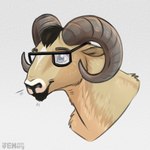 ambiguous_form blonde_hair blue_eyes brown_hair curved_horn ears_back eyebrows eyewear facial_hair female glasses goatee hair horn pivoted_ears smile solo text jenery bighorn_sheep bovid caprine mammal sheep 2025 artist_name dated digital_media_(artwork) hi_res portrait watermark