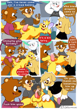 antlers balls being_watched blush bodily_fluids bottomless clothed clothed/nude clothing cuff_(restraint) cum cum_in_ass cum_inside cum_on_belly cum_on_body cum_on_clothing cum_on_face cum_on_hand dialogue erection exhibitionism fingering genital_fluids genitals group handcuffed handcuffs hands_behind_back headpat holding_head holding_penis horn leaking_cum licking_cum looking_at_another male male/male metal_cuffs nude only_one_nude owo penis profanity restraints shirt text topwear ohfourmouse mythology bear canid canine canis deer domestic_dog dragon lagomorph leporid mammal mythological_creature mythological_scalie rabbit scalie absurd_res comic english_text hi_res