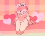 abstract_background anthro breasts female front_view genitals heart_pillow heart_symbol navel nipples non-mammal_breasts non-mammal_nipples nude pillow pink_body pussy sitting solo clinicalia animal_crossing nintendo gayle_(animal_crossing) alligator alligatorid crocodilian reptile scalie 2021 full-length_portrait hi_res portrait