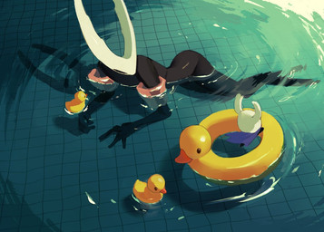2_horns ambiguous_gender biped black_body black_eyes cloak clothing duo empty_eyes fingers horn larger_ambiguous looking_at_another lying partially_submerged pool_float rubber_duck shadow size_difference smaller_ambiguous swimming swimming_pool water milktea25424633 hollow_knight_(franchise) team_cherry hollow_knight_(character) pure_vessel_(hollow_knight) the_knight_(hollow_knight) arthropod humanoid vessel_(species) 2026 colored sibling_(lore)