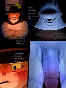 anthro aroused belt big_penis black_background blush bodily_fluids bottomless cape clothed clothing crossed_arms deal dialogue duo erection eye_focus eyeliner facial_markings fellatio_request foreskin fur fuzzy genitals glowing glowing_eyes green_eyes grey_body grey_fur half-closed_eyes hat head_markings headgear headwear humanoid_genitalia humanoid_penis looking_at_another looking_at_genitalia looking_at_penis looking_at_viewer makeup male male/male markings mask_(marking) muscular muscular_anthro muscular_male muscular_thighs narrowed_eyes offering_sex open_mouth open_smile oral_request orange_body orange_fur penis predator/prey question red_eyes reflection reflection_in_eyes requesting sex_request sharp_teeth simple_background size_difference smile standing sweat teeth text thick_penis vein veiny_penis whiskers naresonlewd dreamworks puss_in_boots_(franchise) death_(puss_in_boots) puss_in_boots_(dreamworks) canid canine canis domestic_cat felid feline felis mammal tabby_cat wolf 3:4 comic english_text hi_res