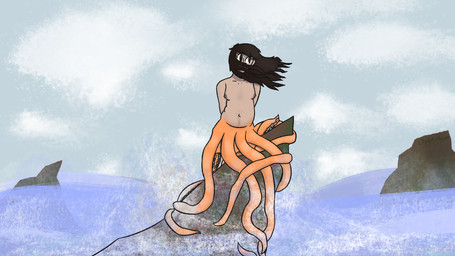 belly belly_hair body_hair breasts brown_hair dark_nipples female hair nipples not_furry orange_tentacles sea slightly_chubby small_breasts solo splash splashing_water split_form tentacles water wind lilygirlbeast octolily_(lilygirlbeast) aquatic cecaelia cecaelia_humanoid cephalopod coleoid humanoid merfolk mollusk octopodiform octopus 16:9 hi_res widescreen trans_(lore) trans_woman_(lore)