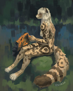 anthro breasts brown_body brown_fur clothing digitigrade featureless_breasts female forest forest_background fur hair long_hair markings nature nature_background nude on_rock orange_clothing orange_eyes outside paws plant ring_(marking) ringed_tail rock side_view simple_background sitting sitting_on_rock solo spots spotted_body spotted_fur spotted_markings striped_markings striped_tail stripes tail tail_markings tired_expression topwear tree upset white_hair hilyasp dina_(yebjiwara) cheetah felid feline king_cheetah mammal absurd_res digital_media_(artwork) digital_painting_(artwork) hi_res painting_(artwork)