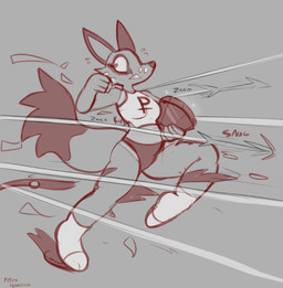 anthro bodily_fluids breasts clenched_teeth clothing currency_symbol female fist footwear gunfire holding_object looking_back nervous offscreen_character onomatopoeia pokedollar_sign running scared small_breasts socks solo sound_effects sparkles sweat sweatdrop symbol teeth text torn_clothing underwear felino nintendo pokemon generation_8_pokemon nickit pokemon_(species) 2026 hi_res restricted_palette