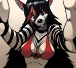 anthro black_body black_fur black_hair black_markings black_nose bra breasts clothed clothing female fur hair highlights_(coloring) long_hair looking_at_viewer markings reaching_towards_viewer red_eyes red_highlights simple_background smile solo underwear white_body white_fur copymirror canid canine canis mammal wolf half-length_portrait hi_res portrait