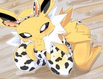 3_fingers all_fours animal_print anthro barefoot big_breasts big_butt black_inner_ear black_nose black_sclera blush bodily_fluids breasts butt closed_smile clothed clothing cow_print eeveelution fake_ears fake_horns feet female fingers fur generation_1_pokemon jolteon kneeling lets0020 long_ears looking_at_viewer mouth_closed neck_tuft nintendo nipple_outline pawpads paws pokemon pokemon_(species) smile solo sweat sweatdrop tuft white_body white_eyes white_fur white_tuft yellow_body yellow_fur yellow_pawpads