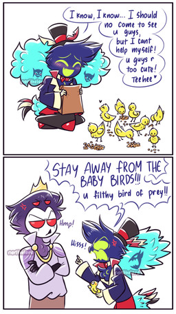 2_panel_comic 4_eyes aged_down angry anthro beak blue_body blue_clothing blue_feathers blue_shirt blue_topwear blush border bottomwear brown_bottomwear brown_clothing brown_shorts chest_tuft choker clothing cross-popping_vein crossed_arms dialogue duo eyes_closed feather_hair feathers feeding_birds feral fluffy fluffy_chest gesture green_eyes hand_gesture hat headgear headwear heart_choker heart_symbol hissing holding_animal holding_bag jewelry male multi_eye necklace pointing pointing_at_another pseudo_hair purple_clothing purple_shirt purple_topwear red_bottomwear red_clothing red_eyes red_shorts shirt shorts simple_background sitting sitting_cross-legged small_hands tail tail_feathers text top_hat topwear tuft white_background white_border wings yelling_at_another yellow_body yellow_feathers young young_anthro young_feral norithelord hellaverse helluva_boss asmodeus_(helluva_boss) stolas_(helluva_boss) avian avian_demon bird chicken demon galliform owl owl_demon phasianid 2023 artist_name comic english_text hi_res watermark