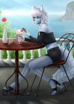 anthro beverage black_clothing blue_eyes chair clothing female flower furniture hair milinn milkshake plant ponytail smile solo table vase water white_hair alice_destiny arctic_fox canid canine fox mammal true_fox absurd_res hi_res