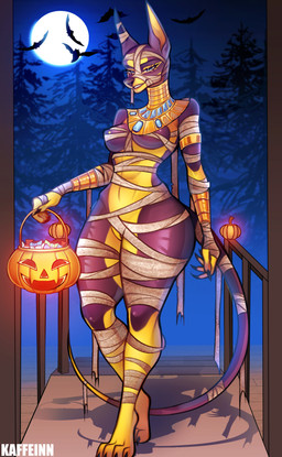 abs anthro armband athletic barbell_piercing black_body black_claws black_fur black_nose black_vulva blue_eyes breasts candy claws dessert digitigrade doorway egyptian eyelashes female food forest fruit fur gem genitals gold_(metal) gold_armband gold_barbell_piercing gold_jewelry gold_neckwear golden_markings holding_object holidays jewelry moon mummy_costume mummy_wrappings night nipple_barbell nipple_piercing nipples outside piercing plant pointy_ears pose prick_ears pumpkin small_breasts smile solo standing standing_in_doorway tail teeth text thick_thighs tree vulva yellow_body yellow_fur kaffeinn halloween aydi_(nullthewolf) bat hybrid mammal 2025 artist_name digital_media_(artwork) full-length_portrait hi_res portrait