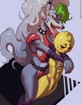 anthro beakless big_breasts breasts duo ear_piercing female femboy hair head_lick machine male male/female piercing yellow_body harrison1500 five_nights_at_freddy's five_nights_at_freddy's:_security_breach five_nights_at_freddy's_2 scottgames steel_wool_studios roxanne_wolf toy_chica_(fnaf) animatronic avian bird canid canine canis chicken galliform gallus_(genus) mammal phasianid robot wolf absurd_res hi_res