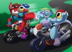 blue_shell boots clothing duo eyewear footwear gloves goggles handwear horn jockstrap male motorcycle racing red_shell scarf shell shirt shoes t-shirt topwear underwear vehicle vest catmonkshiro mario_bros mario_kart nintendo koizumi_kobold maxamilion_the_fox canid canine fox kobold mammal scalie absurd_res hi_res