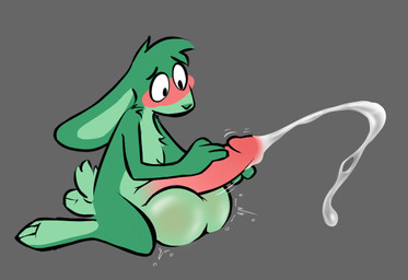anthro balls big_balls big_penis blush bodily_fluids cum fur genital_fluids genitals green_body green_fur grey_background hand_on_penis huge_balls huge_penis humanoid_genitalia humanoid_penis hyper hyper_balls hyper_genitalia hyper_penis kneeling kneeling_on_ground looking_at_genitalia looking_at_own_penis looking_at_penis looking_at_self male orgasm penis simple_background solo bernie-buddy lagomorph leporid mammal rabbit