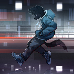 abstract_background adolescent anthro black_body black_fur blue_eyes bottomwear clothing denim denim_bottomwear denim_clothing footwear fur hoodie jeans male male_anthro pants shoes solo topwear young dakkawoof dakka canid canine canis mammal wolf 1:1 2026 hi_res
