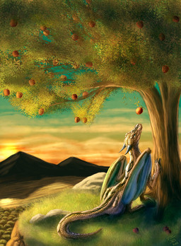 apple cliff cloud detailed_background female feral food fruit grass green_eyes horn kneeling membrane_(anatomy) membranous_wings mountain nature outside plant rock scenery solo sunset tail tree valley wings wood tsitra360 mythology dragon mythological_creature mythological_scalie scalie 2011