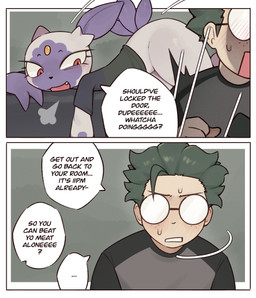 anthro bed blush blush_lines bodily_fluids dialogue duo female furniture male sigh sighing simple_background speech_bubble surprised sweat sweatdrop tail text svkhaiminh nintendo pokemon generation_8_pokemon hisuian_form hisuian_sneasel human mammal pokemon_(species) regional_form_(pokemon) colored comic english_text hi_res