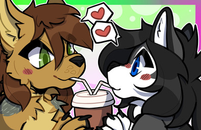 anthro coffee_cup container cup duo female heart_symbol male male/female sharing_drink demlin meani sleek canid canine canis corsac_fox domestic_dog fox husky mammal nordic_sled_dog spitz true_fox wolf absurd_res hi_res