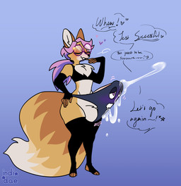 anthro armwear big_tail biped black_bra black_clothing black_underwear blue_clothing bodily_fluids bra brown_body brown_fur bulge chest_tuft clothed clothing clothing_transformation cum cum_in_clothing cum_through_clothing detailed_bulge dialogue dipstick_tail duo elbow_gloves expansion eyes_closed eyewear femboy fingers fluffy fluffy_tail fur genital_expansion genital_fluids glasses gloves hair hand_on_hip handwear heart_symbol legwear living_underwear long_hair magic magic_user male male_anthro markings multicolored_body multicolored_tail open_mouth panties penis_expansion pink_hair ponytail purple_clothing purple_hair simple_background smile solo sparkles speech_bubble standing stockings tail tail_markings tan_body tan_fur text thick_thighs thigh_highs transformation tuft underwear underwear_transformation wet wet_clothing white_body wide_hips yellow_body indidae animate_inanimate canid canine fennec_fox fox mammal true_fox artist_name digital_media_(artwork) english_text hi_res