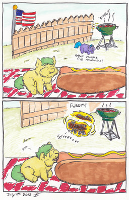 ambiguous_feral ambiguous_gender american_flag baby_talk barbecue blue_hair blue_tail burning burning_alive day dialogue duo eating fence feral fire food foreshortening fur grass green_eyes green_tail grill hair hot_dog monotone_body monotone_fur monotone_hair monotone_tail mouth_closed outside pain plant purple_body purple_fur quadruped sitting sky smile standing struggling suffering tail text united_states_of_america yellow_body yellow_fur young young_ambiguous young_feral wetfluff fluffy_pony fluffy_pony_(species) mammal 2013 absurd_res comic dated english_text hi_res marker_(artwork) traditional_media_(artwork)