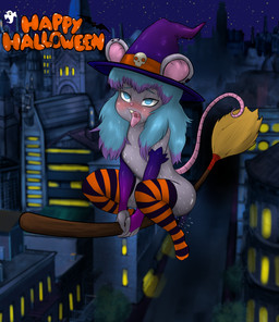 ahegao ambiguous_fluids anthro bodily_fluids bone broom broom_riding city city_background cleaning_tool clothing ear_piercing female flat_chested gloves handwear hat headgear headwear holidays legwear looking_pleasured magic_user night piercing rodent_ears rodent_tail saliva saliva_on_tongue skull solo stockings sweat sweatdrop tongue tongue_out witch witch_hat foxxxiny90 halloween bianca_winter_(lilmousybianca) ghost mammal murid murine rodent spirit absurd_res hi_res