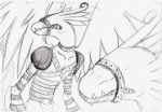 anthro belt blind collar disability feathered_wings feathers male muzzle_(object) muzzled solo teeth wings puschelhuhn bandai_namco digimon digimon_(species) gargoyle gargoylemon greyscale monochrome sketch