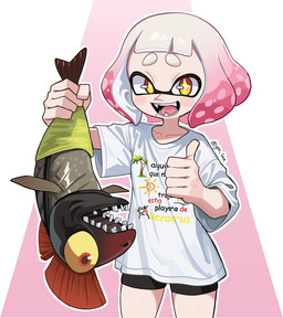 bottomwear clothing female gesture hand_gesture holding_fish light_body light_skin not_furry open_mouth open_smile oversized_clothing oversized_shirt oversized_topwear pseudo_hair sharp_teeth shirt shorts simple_background smile solo spandex spandex_shorts teeth tentacle_hair tentacles text text_on_clothing thumbs_up tight_bottomwear tight_clothing tight_shorts topwear gm_laz nintendo splatoon pearl_(splatoon) aquatic cephalopod fish humanoid inkling mollusk salmonid_(splatoon) hi_res spanish_text