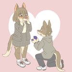 anthro blush clothed clothing duo female footwear heart_background heart_symbol kemono kneeling marriage_proposal shoes simple_background standing ekaki510 dasyurid dasyuromorph mammal marsupial quoll 1:1